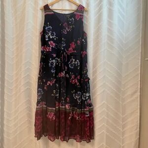 Roz & Ali Navy Floral Tiered Midi Dress Womens 18 Sleeveless Tie Waist Chiffon